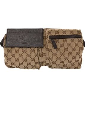 Authentic Gucci GG Monogram Web Double Pocket Belt Bag Dark Brown